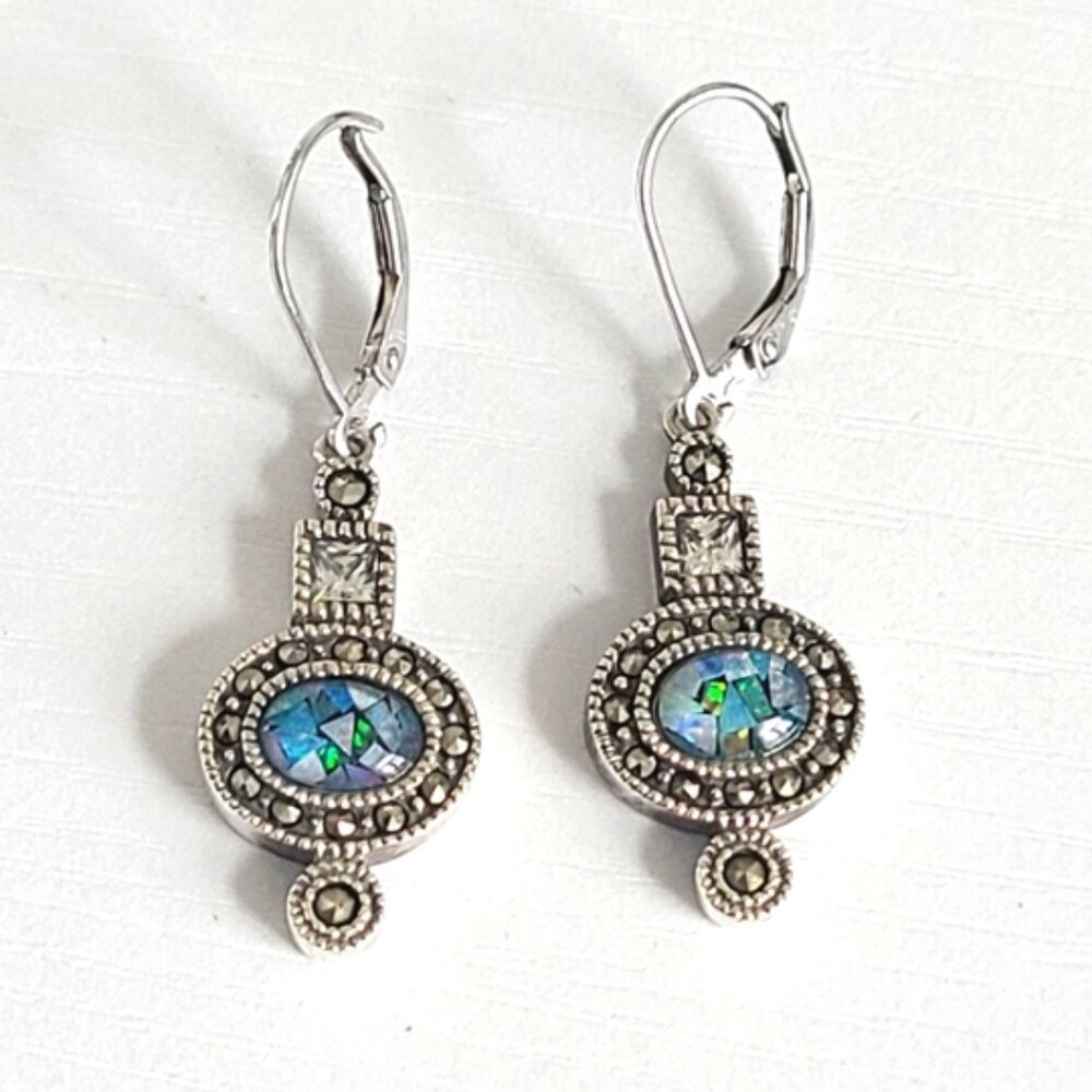Vintage JJ Sterling Silver Blue Fire Mosaic Opal Marcasite Crystal Drop Earrings